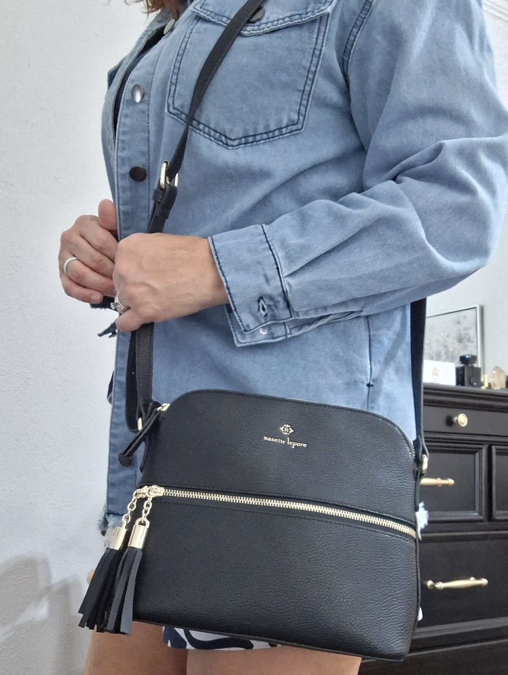 Nanette Lepore Black Pebbled Leather Crossbody with Gold Tassels